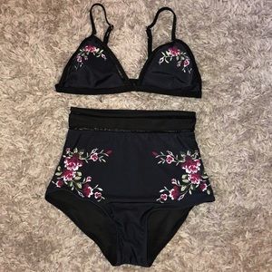 Floral Black High Waisted Two Piece Swimsuit